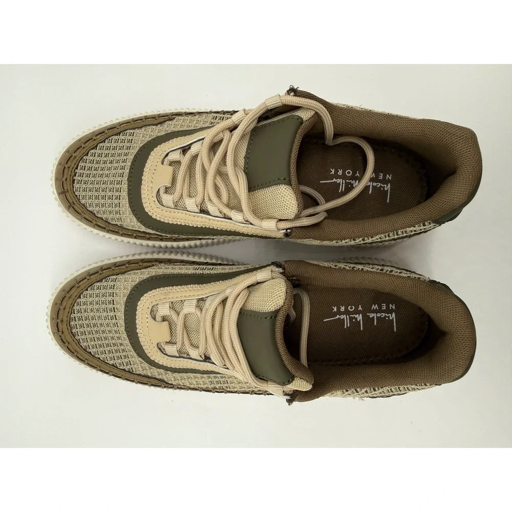 Nicole Miller Platform Sneakers Womens 8 Olive Tan Excellent Mixed Media Mesh
